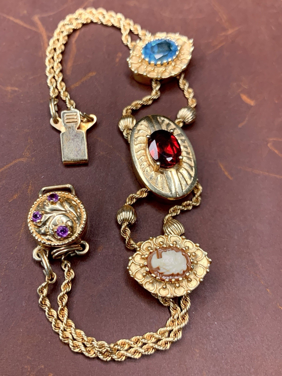 Vintage Multi-Gemstone Slide Charm Bracelet in 14kt Yellow Gold 7”