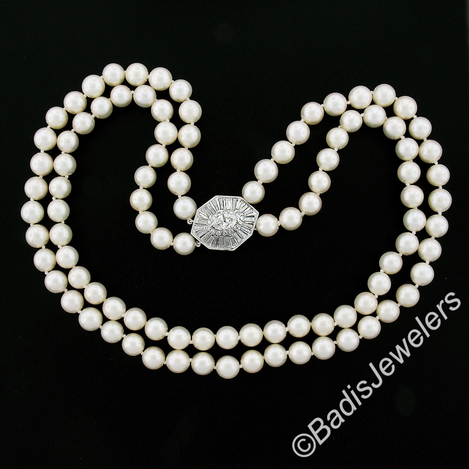 18k White Gold Dual Strand 8-8.5mm Pearl Necklace w/ GIA 3.68ctw Diamond Clasp