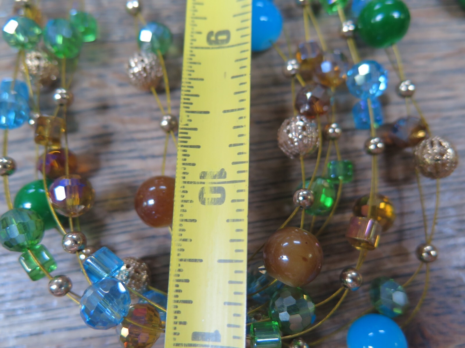 VINTAGE Multi Strand Beads Jeweled Wire Wrap Flexible Necklace 20″ W/ Earrings