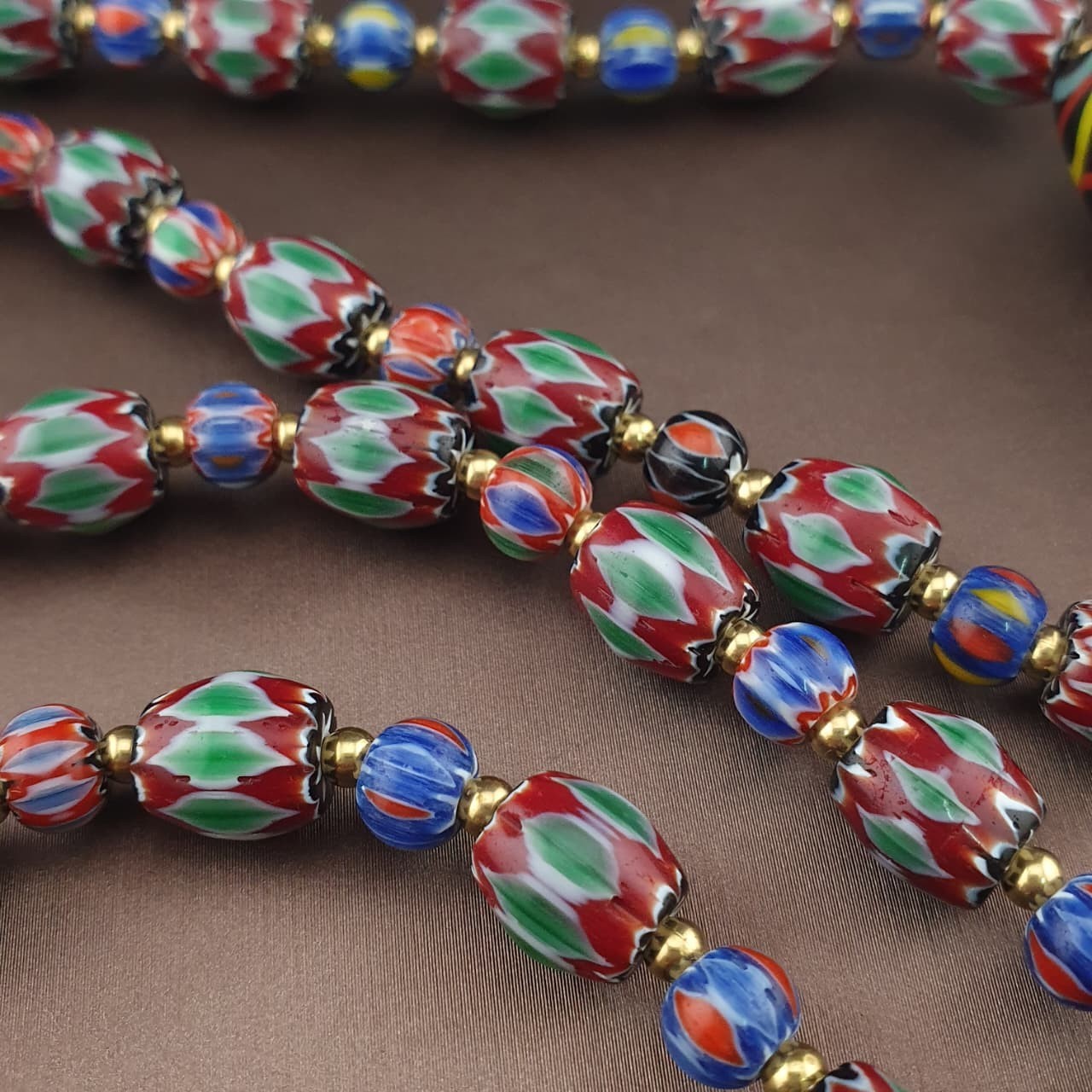 Vintage Venetian Style Multicolor Chevron Glass Beaded Necklace | 24in 8.7–39mm