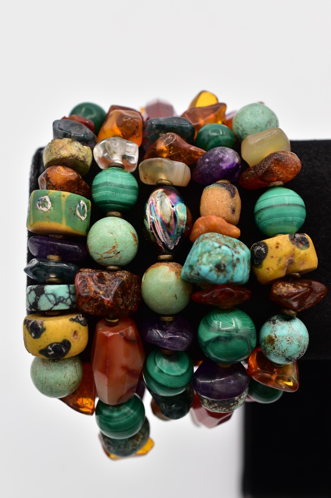 Vintage Multi Strand Stone Bead Bracelet Boho Chunky Mixed Gemstone 8″ BinBR
