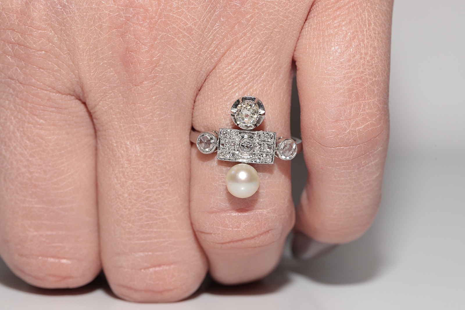 Antique Circa 1920s Platinum Art Deco Natural Diamond And Pearl Decorated Ring