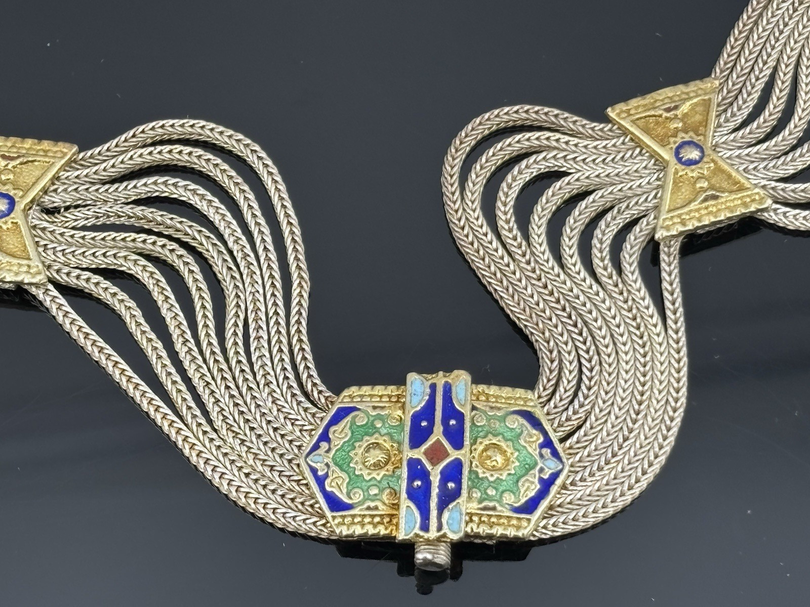 Vtg Anatoli Sterling Silver Enamel Necklace Gold Vermeil Station Pendants 17″