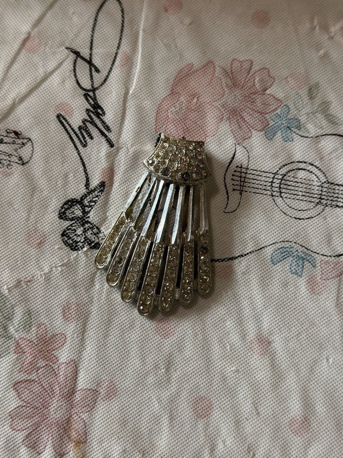 Vintage Fan Dress Clip Silver Tone Metal with Clear Round Rhinestones