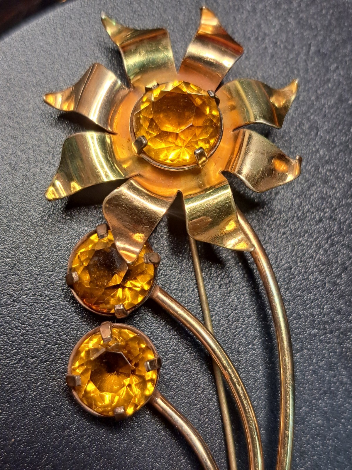 Huge 4″ Sterling Silver Gold Wash Flower Brooch Pin Amber Citrine Glass 16 Grams