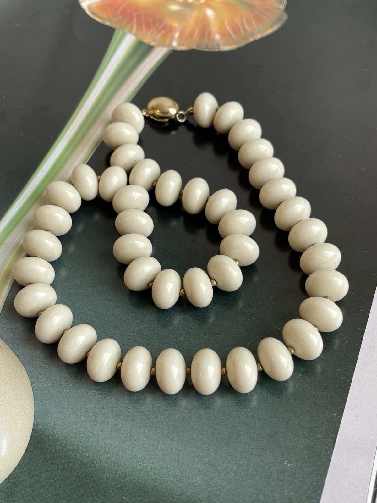 Vintage Les Bernard signed ivory white beaded statement necklace