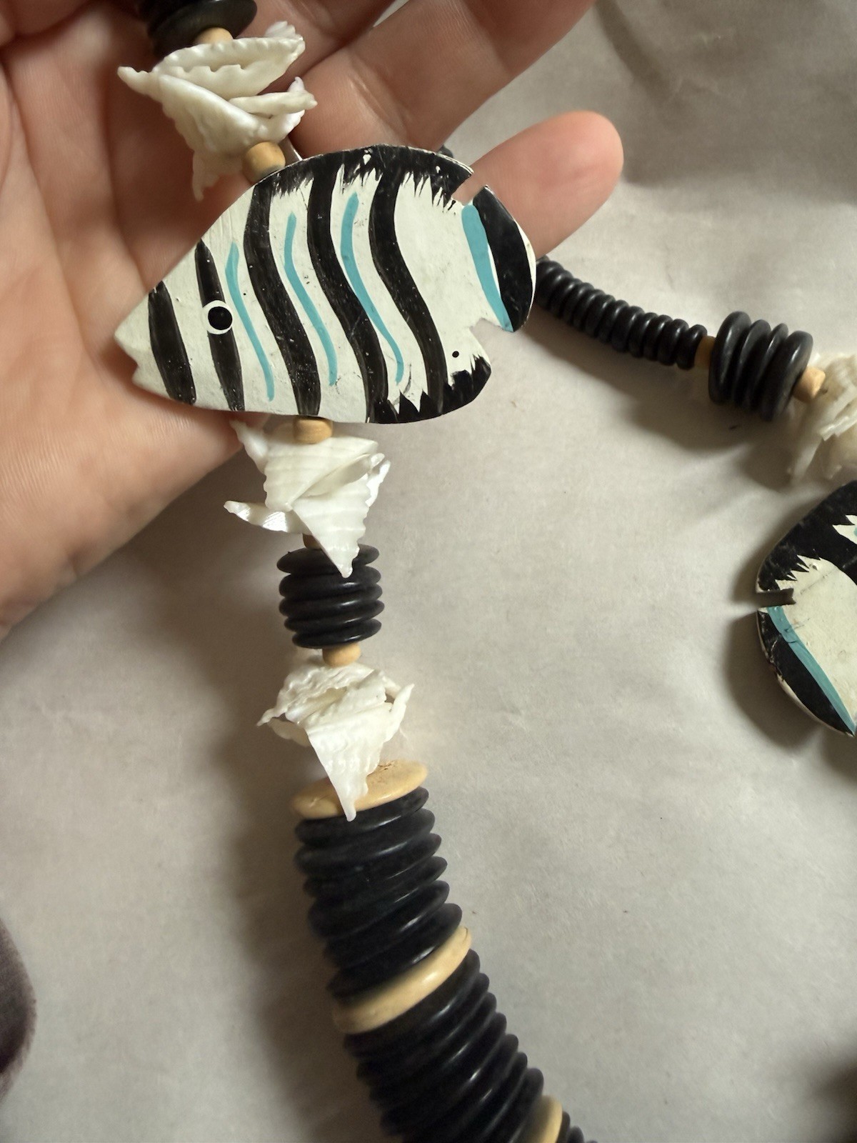 Vintage Wood Bead Tropical Fish Necklace Multi Strand & Color Hand Carved Paint