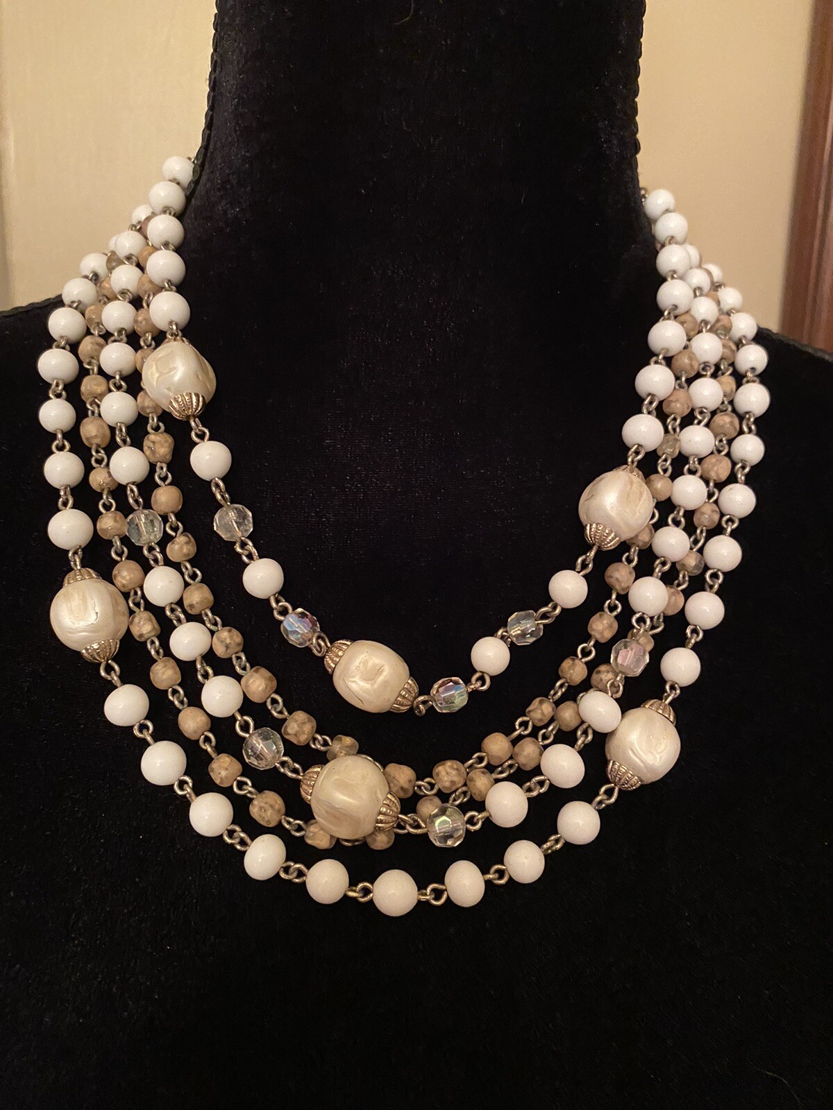 Vtg Multi Strand Gold White Champagne Crystal Faceted Bead Necklace 19”