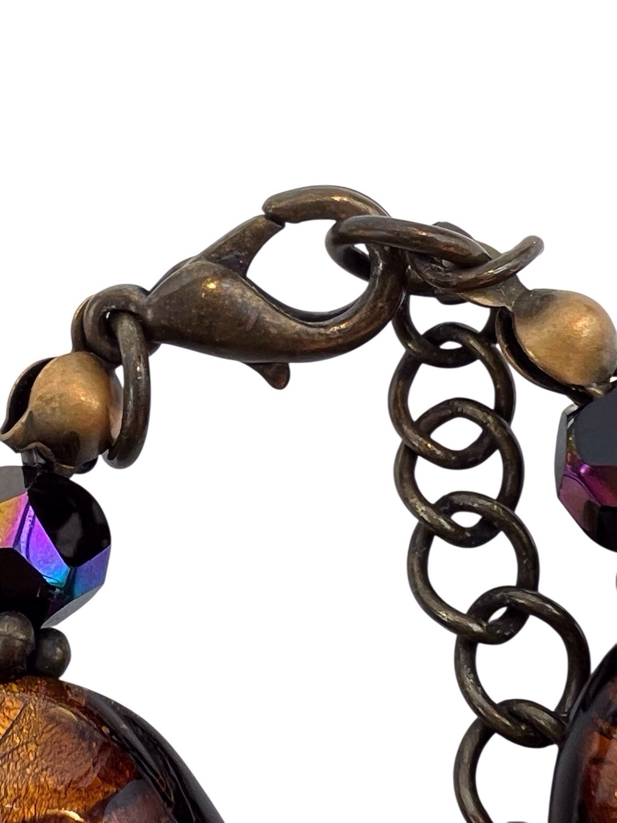 Signed Art Glass Bead Neckllace Nena N Black Gold Foil Faceted Red AB Accent WB