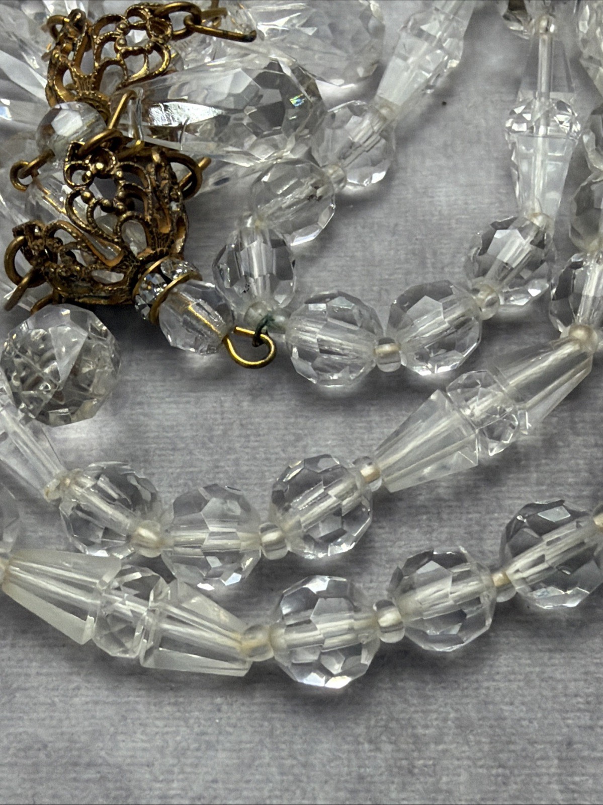 Vintage Signed Miriam Haskell Brass Crystal Facet Glass Dangle Necklace T2
