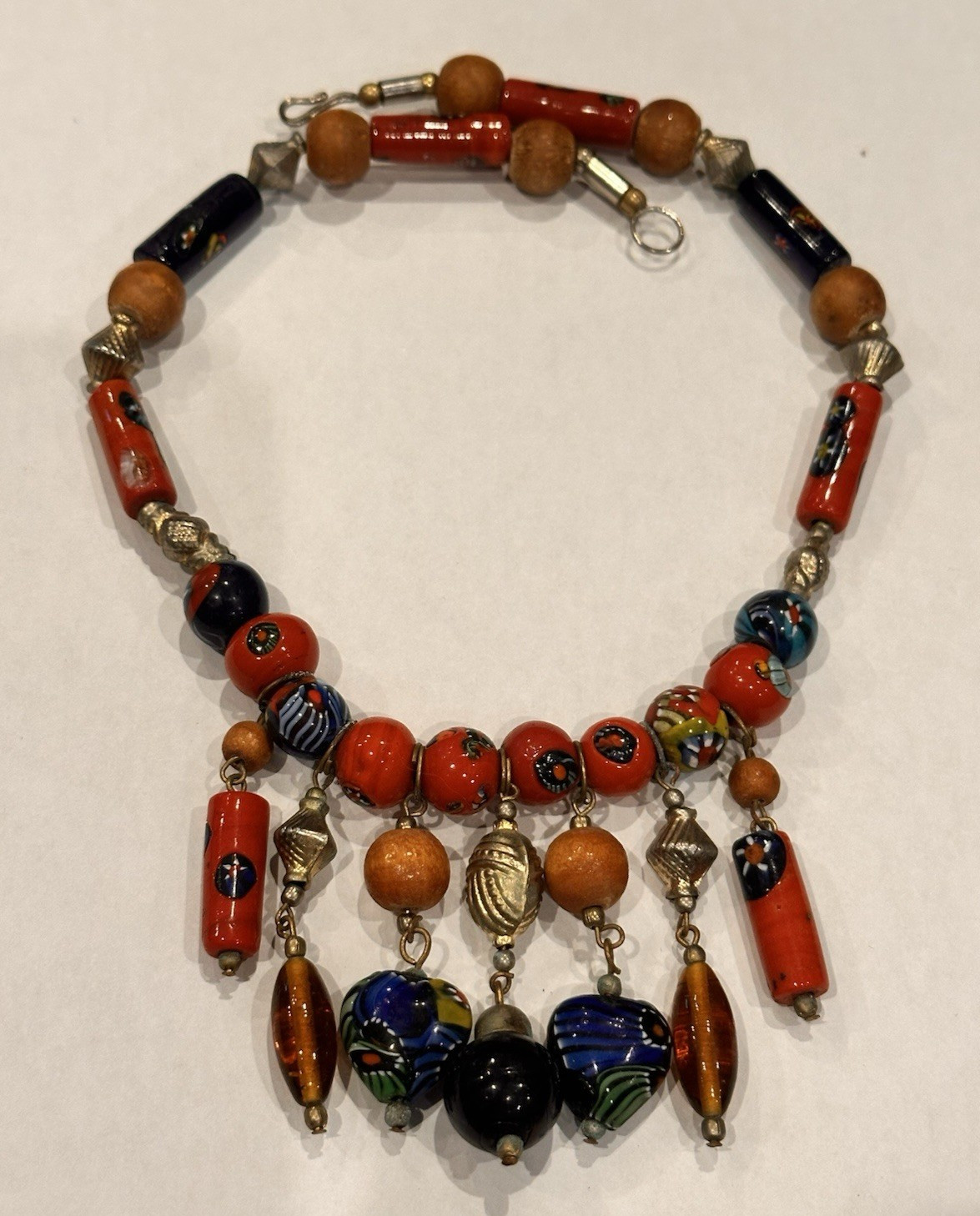 MOROCCAN BERBER CERAMIC WOOD GLASS STAR FLORAL DANGLING BEADS 19″ NECKLACE EUC