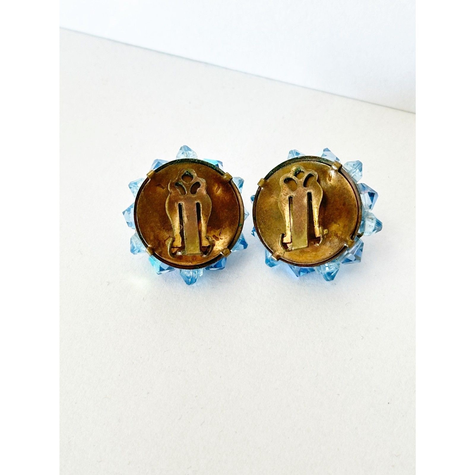 Vintage Earrings Bead Cluster Blue Faceted AB Glass Clip On Bicone Retro