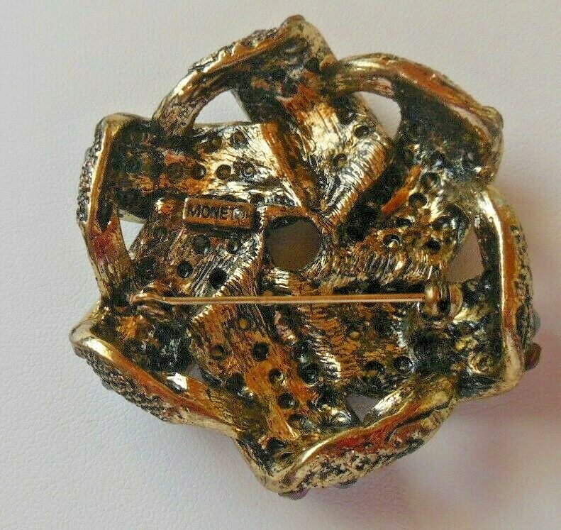 Vintage Signed Monet Ribbon Brooch Purple, Pink, Red Rhinestones