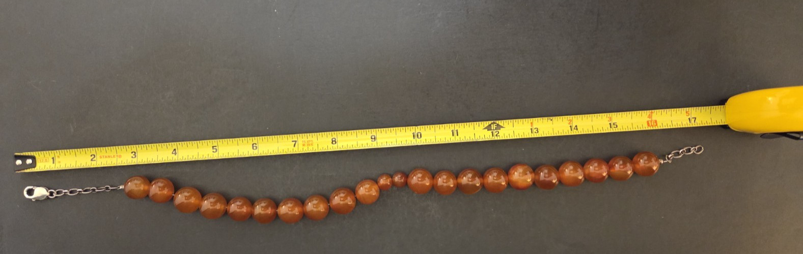 Vintage Resin Amber Necklace Orange Brown. Sterling Silver 925 clasp. 17″ w/bag