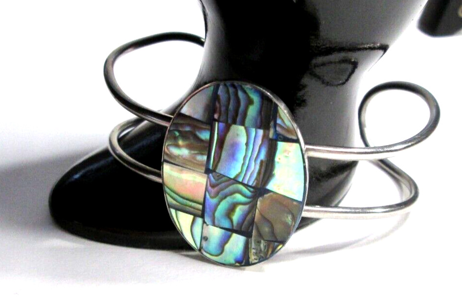 Vintage Blue Green Abalone Shell Cuff Bracelet Silver Tone Retro Boho