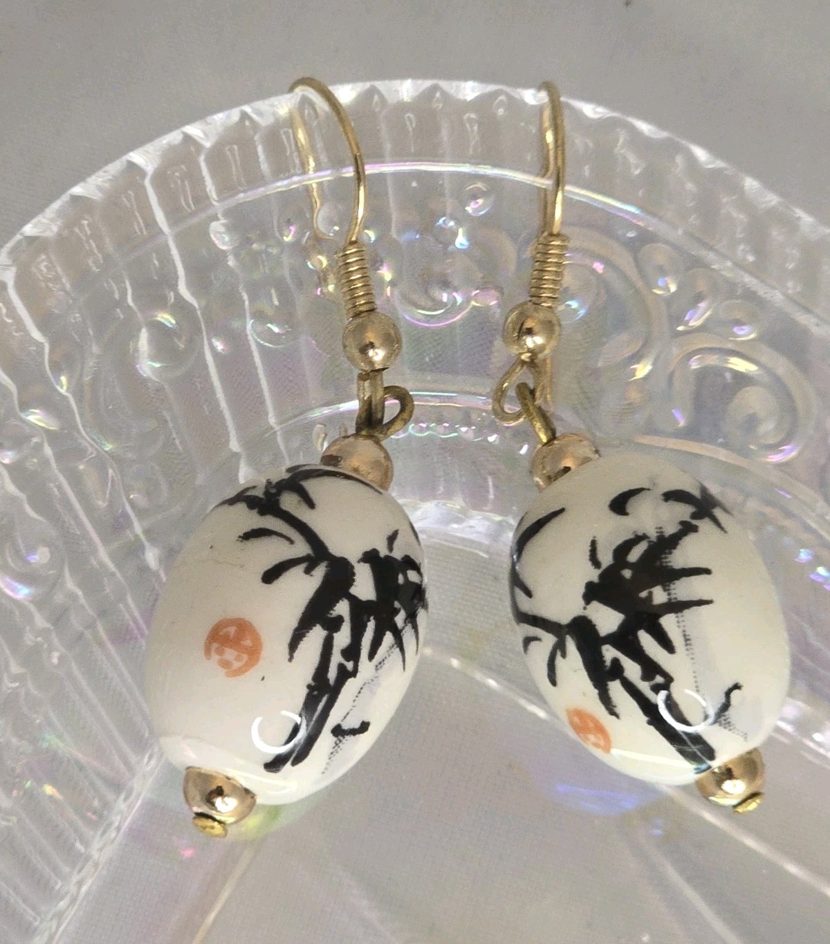 Earrings White Porcelain Bamboo Dangle Earrings Asian Inspired Gold Tone #1019