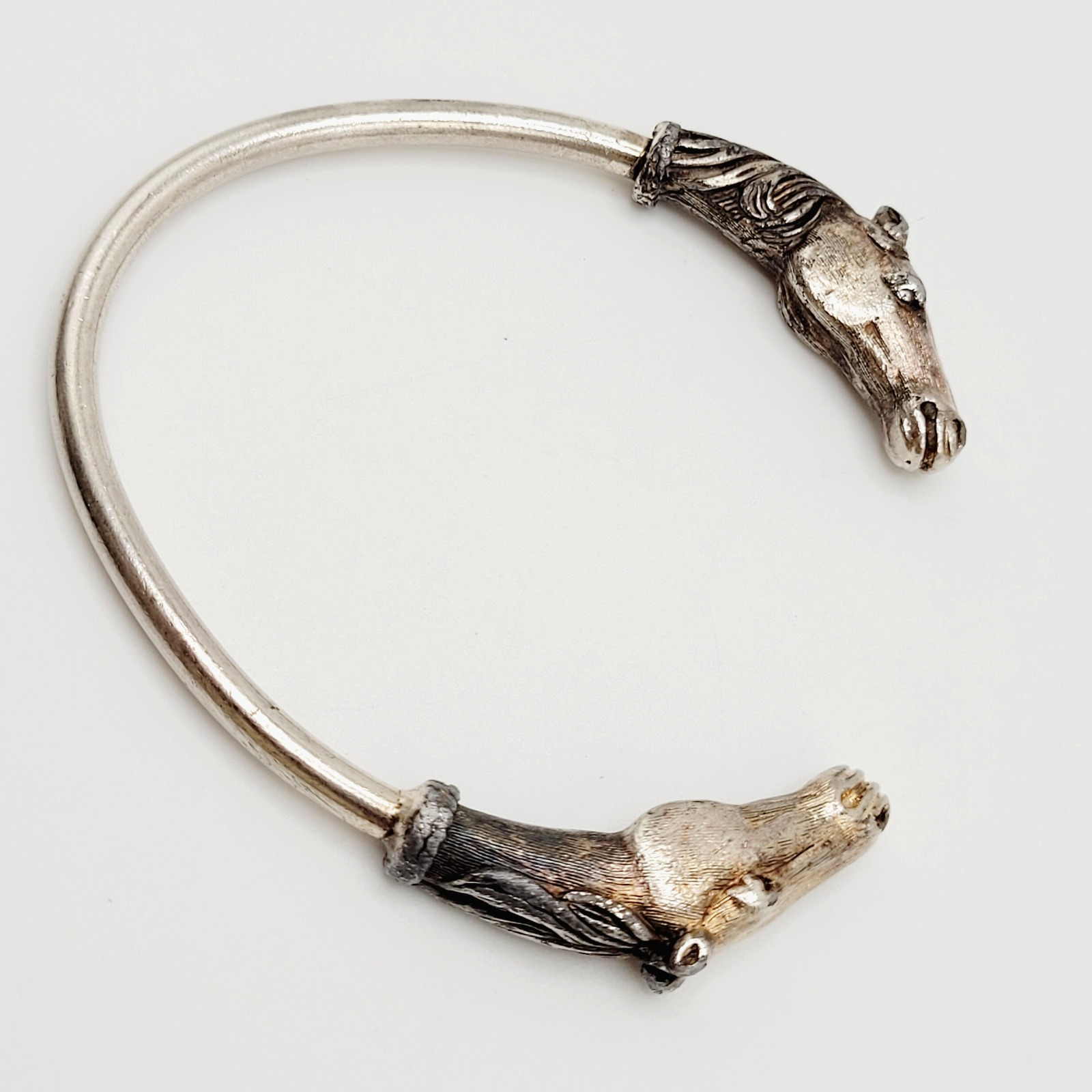Double Horse Head Pewter Plated Copper w Patina Vintage 70s Torque Cuff Bracelet