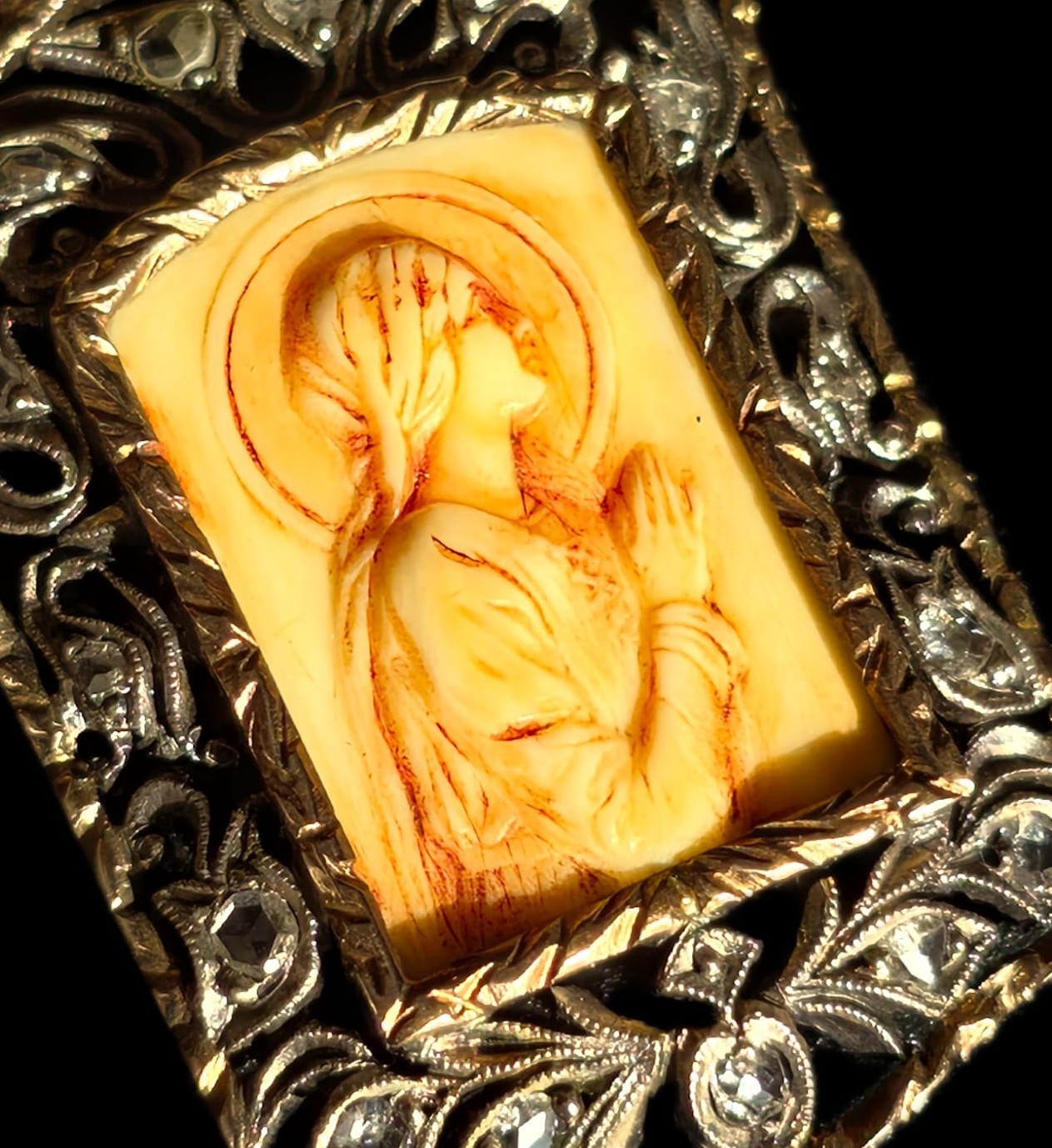 Fine Antique Art Nouveau 18K Gold Silver Diamonds Virgin Mary Pendant Ca 1900