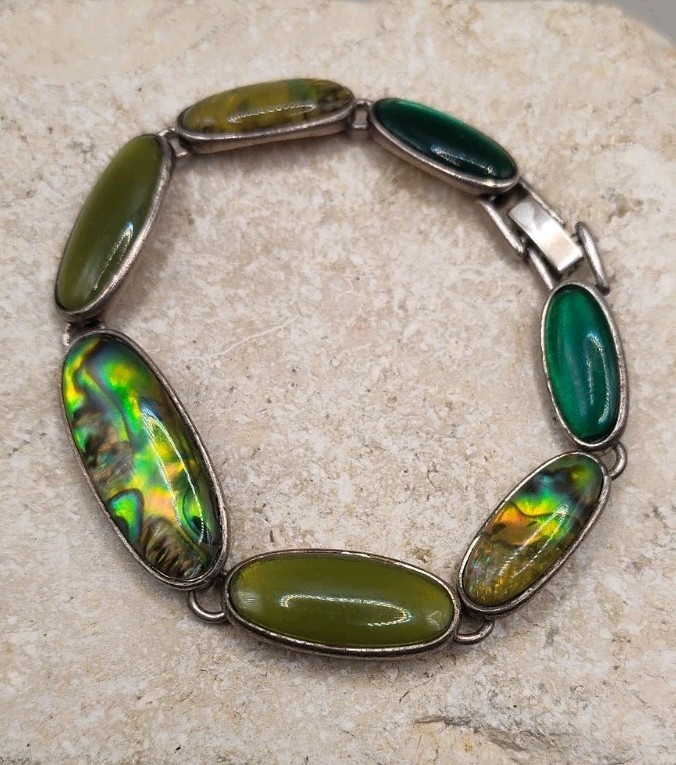 Vintage Silver Plated Abalone Shell Stone Bracelet 7″