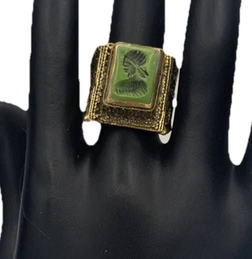 Old World Style Intaglio Ring – Green Engraved Stone, Ornate Scrollwork Band