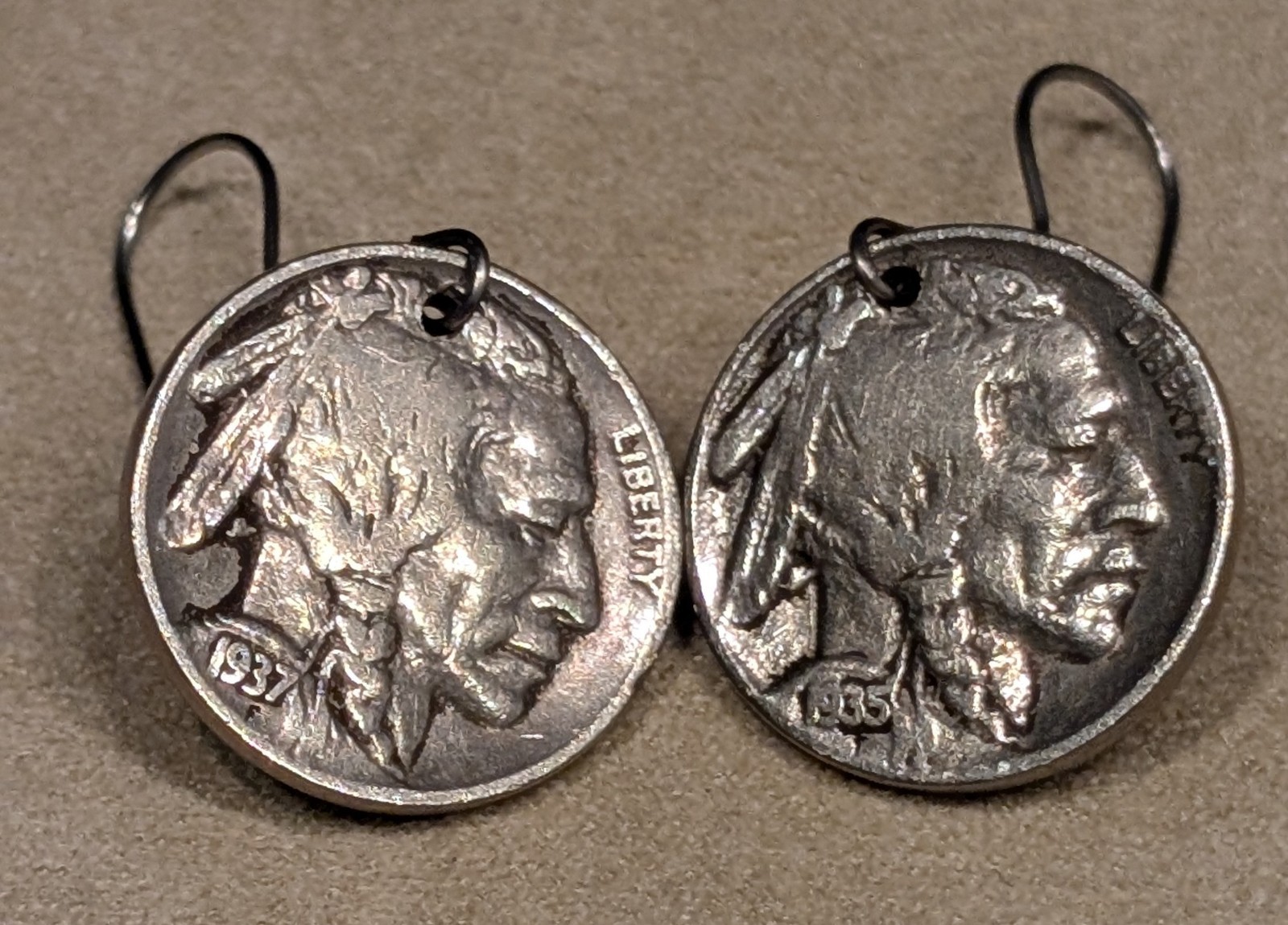 Vtg Authentic Buffalo Indian Head Nickel Coin Earrings 1935 1937