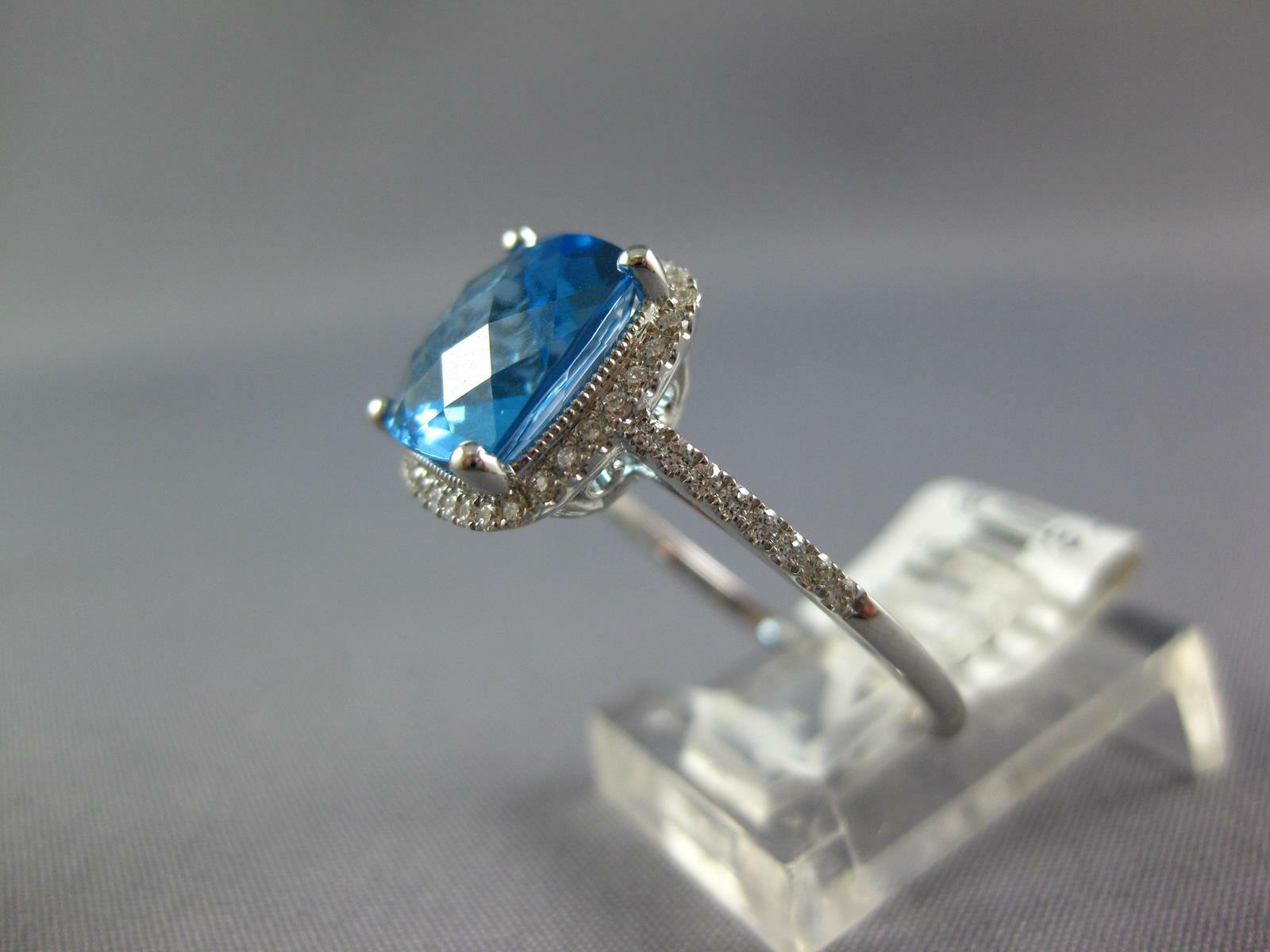 LARGE 4.20CT DIAMOND & AAA BLUE TOPAZ 14KT WHITE GOLD CUSHION FILIGREE FUN RING