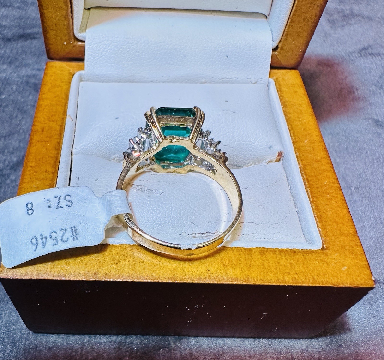 Vintage Austrian Crystal Emerald Cut Green Ring w Wood Box & New Tag Size 8