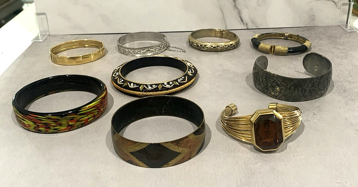 Lot of 9 1980’s Costume Bangle Cuff & Hinged Bracelets India Leonard Pewter +