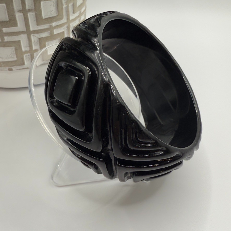 Vintage Black Lucite Bangle Bracelet Wide Carved Geometric Retro Statement