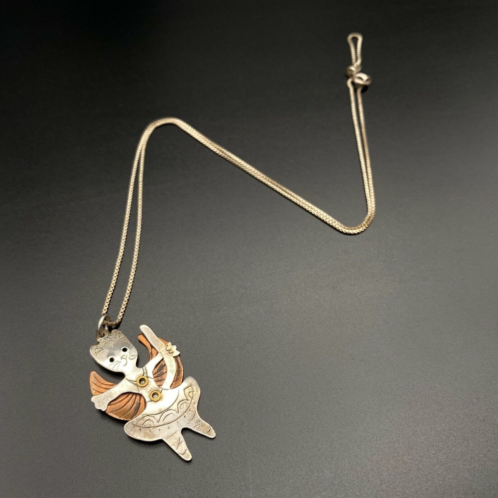 Vintage Dancing Cat Ballet Mixed Metal Sterling Silver Copper Wing Pendant