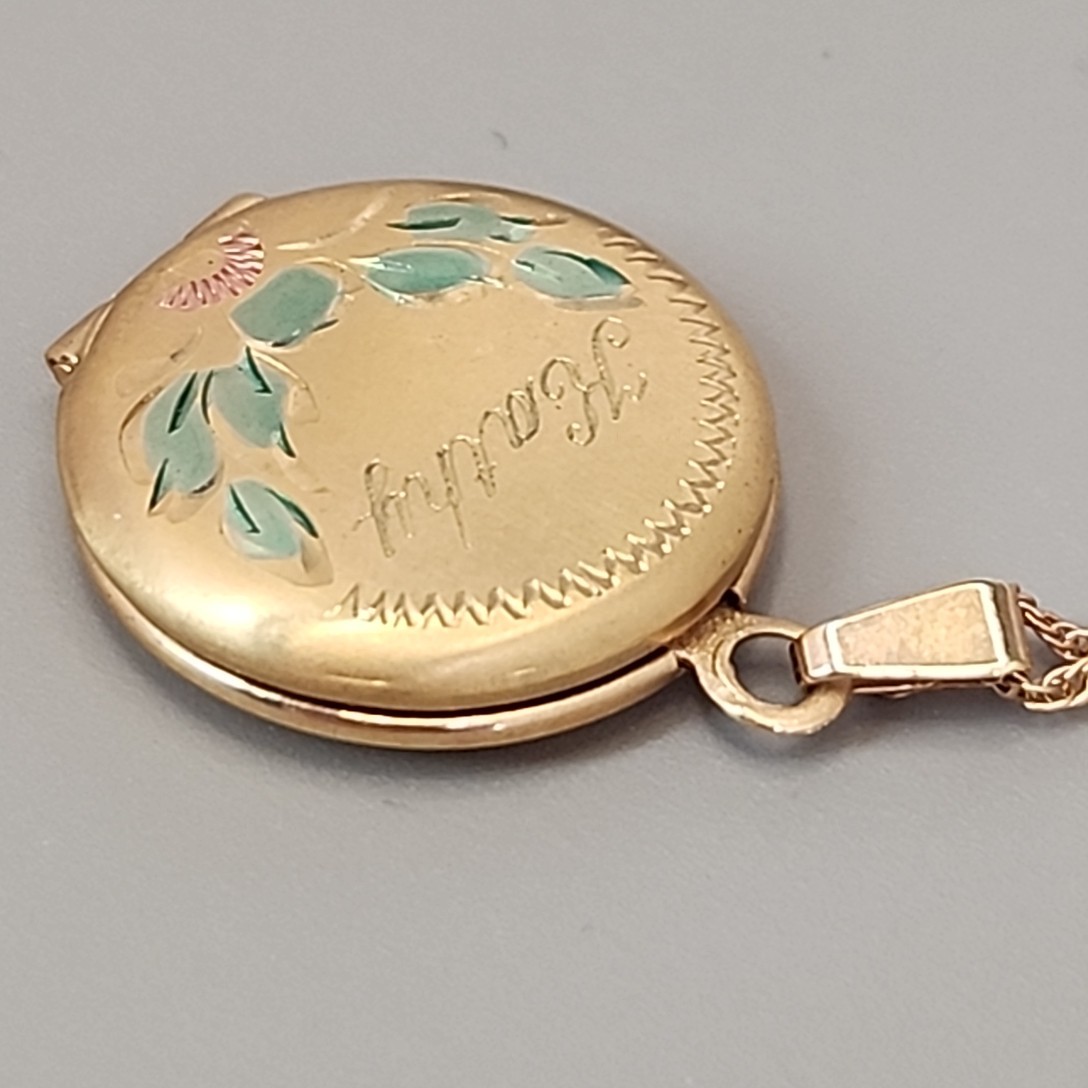 Vintage Locket Necklace Etched Kathy Gold Filled Enamel Accents 18″