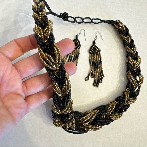 Vintage Multistrand Braided Chunky Beaded Statement Choker Necklace Earring Set