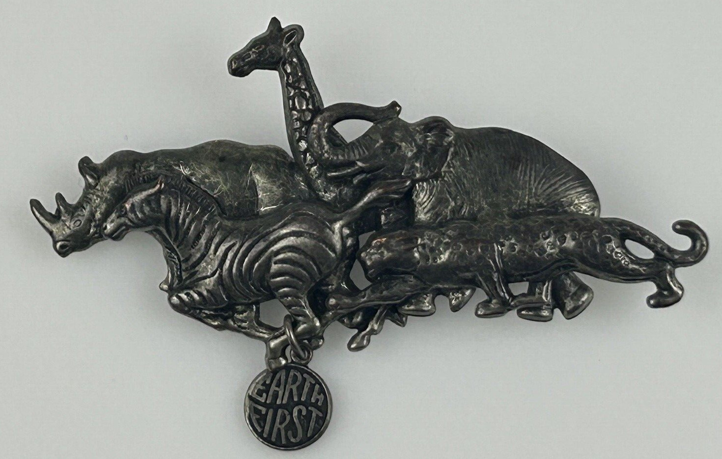 Vintage Animal Safari African Savannah Earth First Brooch Zebra Giraffe Elephant