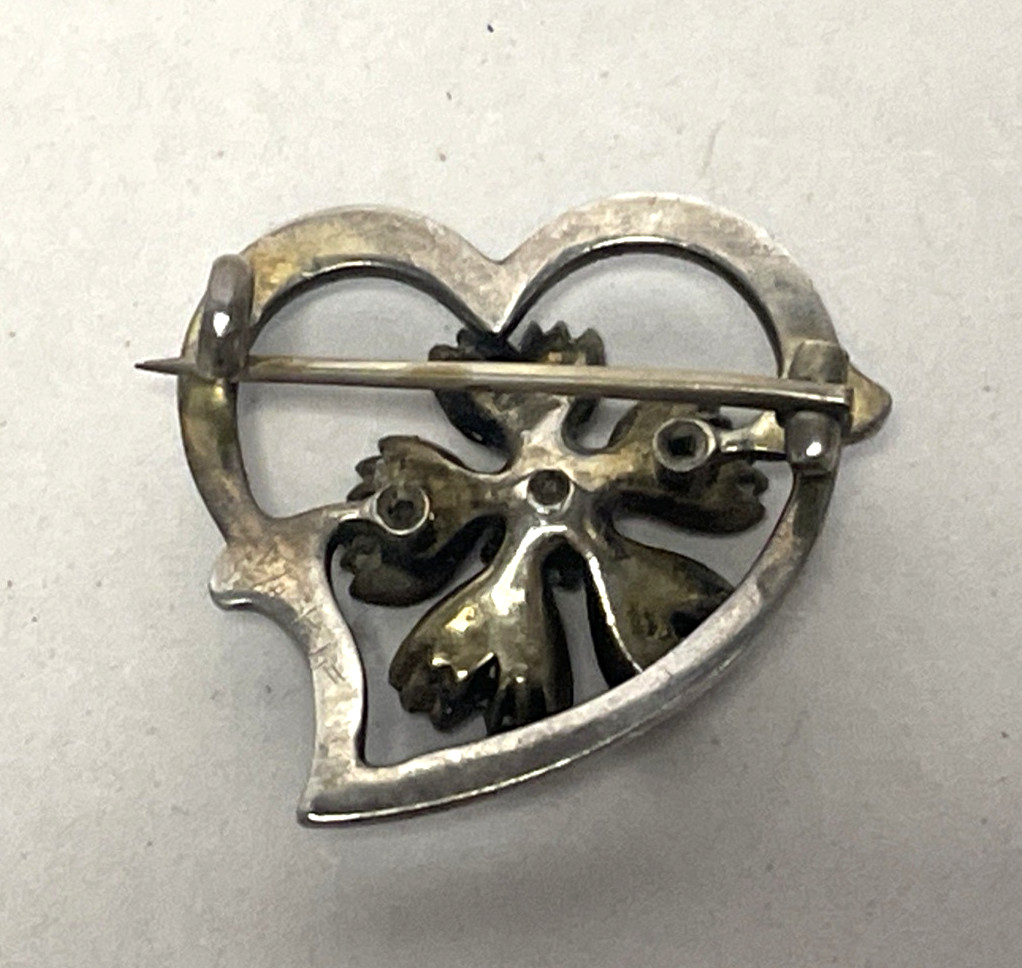 Antique Victorian Edwardian British Silver Paste Witch’s Heart Brooch Enamel 1″
