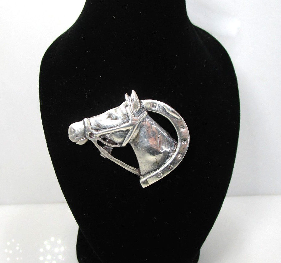 Vintage Equestrian Horse Head Winner Horseshoe Walter Lampl Sterling Pin 2″
