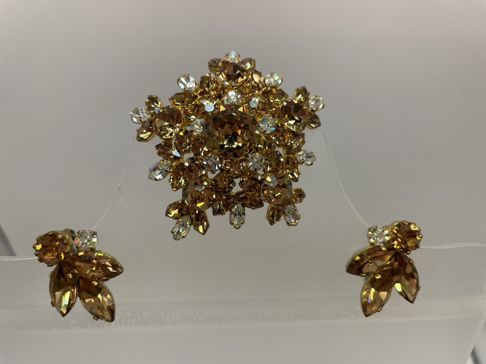 Vintage Austrian Signed Brooch And Earrings Featuring Topaz & Clear Rhinestones