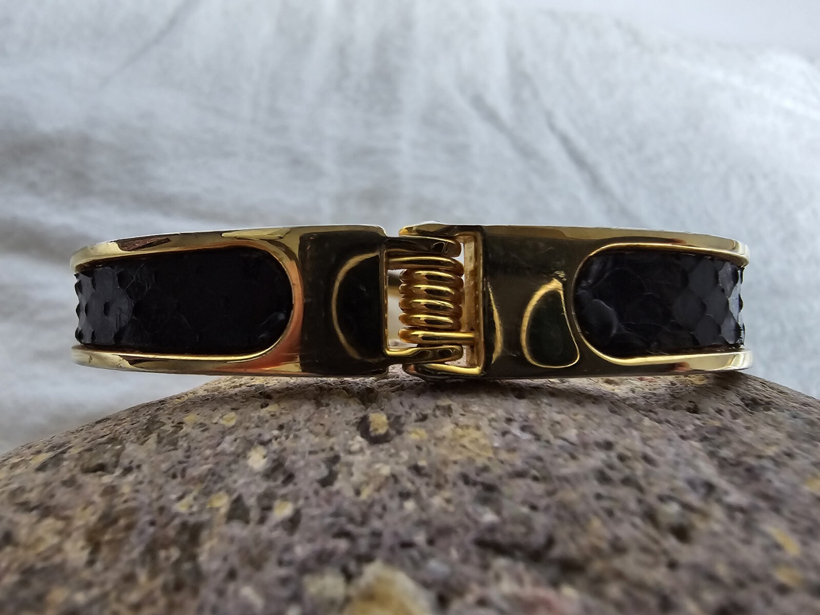Goldtone Rhinestone Black Faux Leather Hinged Bracelet Oval Shaped 2.5″ x 2″