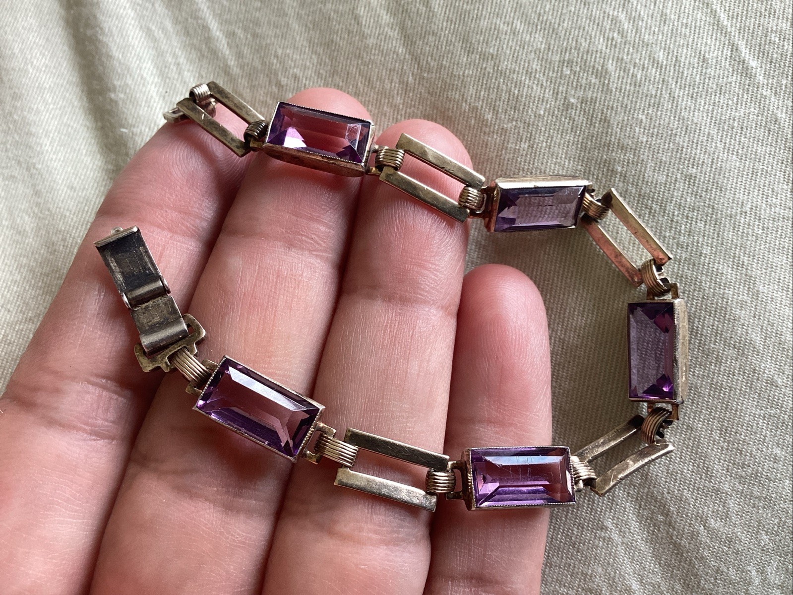 Vintage Sterling Silver 14 K Gold Purple Glass Line Bracelet 7.25”