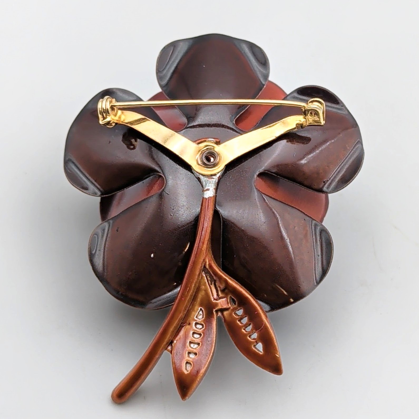 Vtg Yellow Rust Brown Enamel Flower Brooch Mod Pop Art 3D Floral Pin 1960s MCM