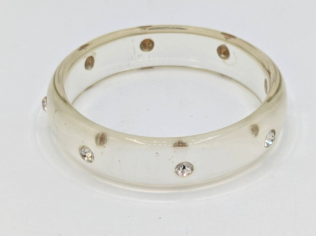 Vintage Clear Lucite Rhinestone Bangle Retro Bracelet Embedded Crystals MCM Mod