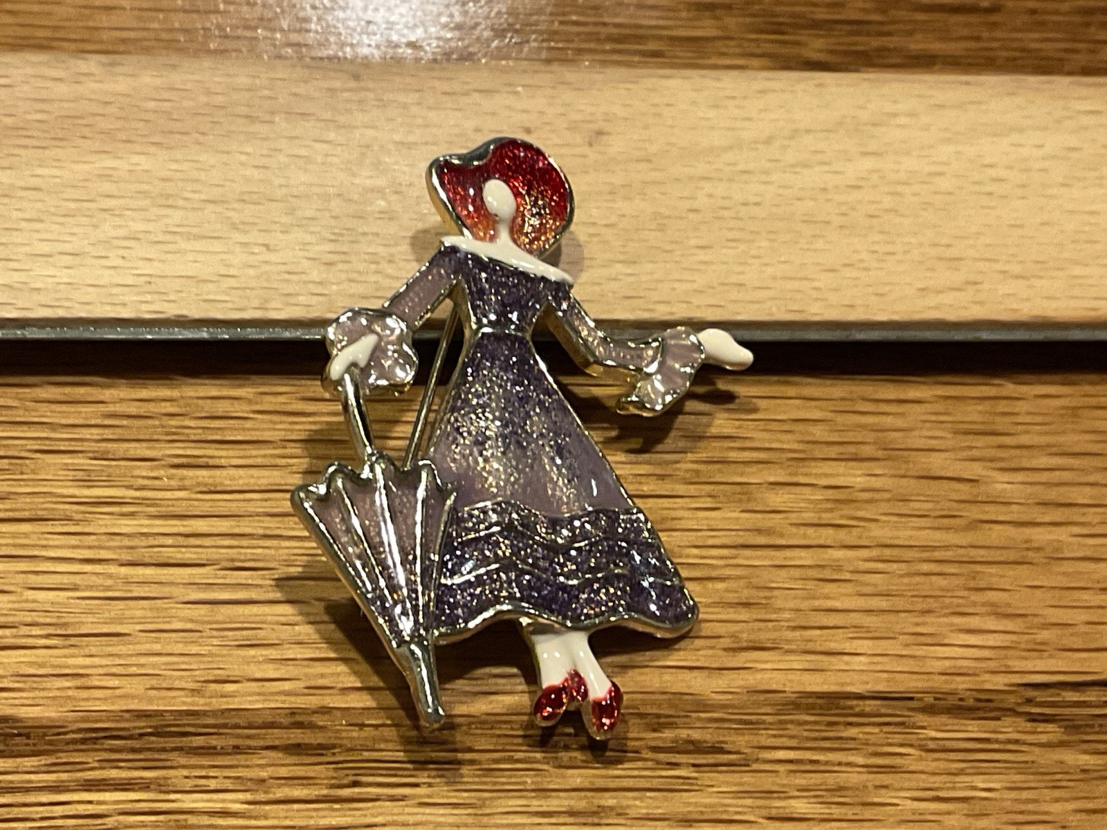 Vintage Lady in Dress Enamel Brooch/Pin w/Red Hat & Shoes, Umbrella – Gold Tone