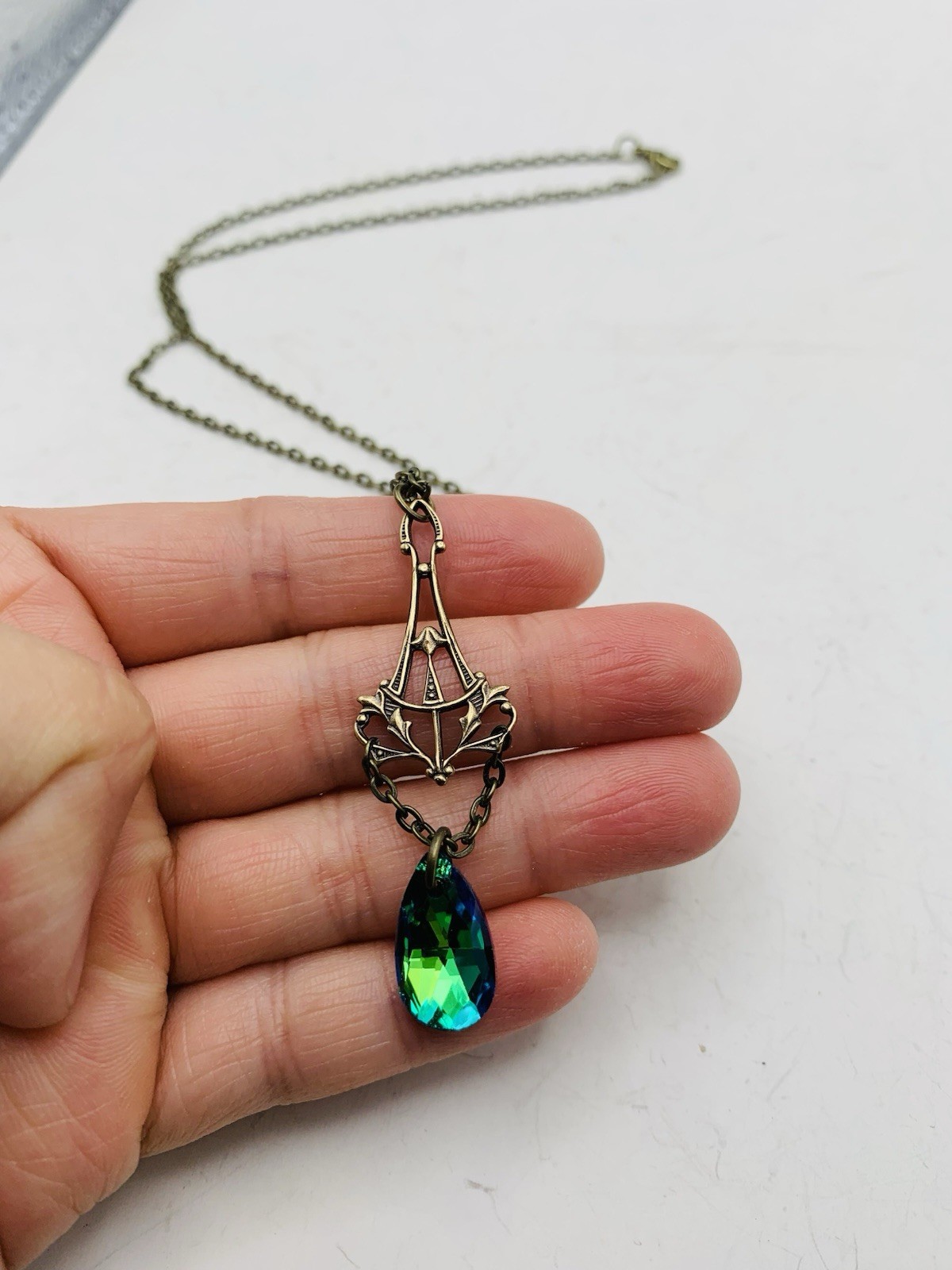Vintage Style Art Nouveau Bronze Tone Mermaid Blue Teardrop Drop-down Necklace