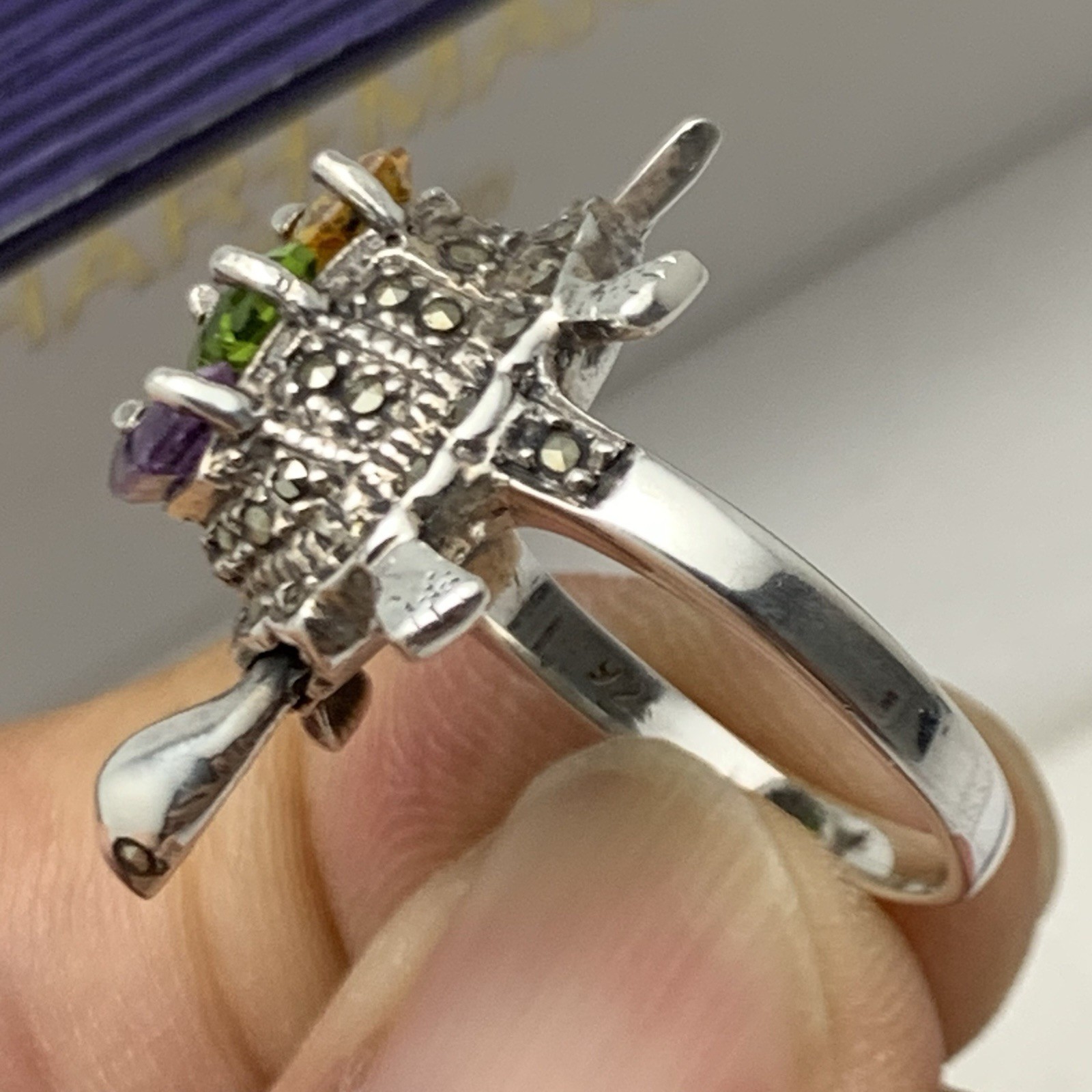 Vtg Turtle Ring w Moving Head 925 Sterling Silver Multi Colored Gem / Marcasite