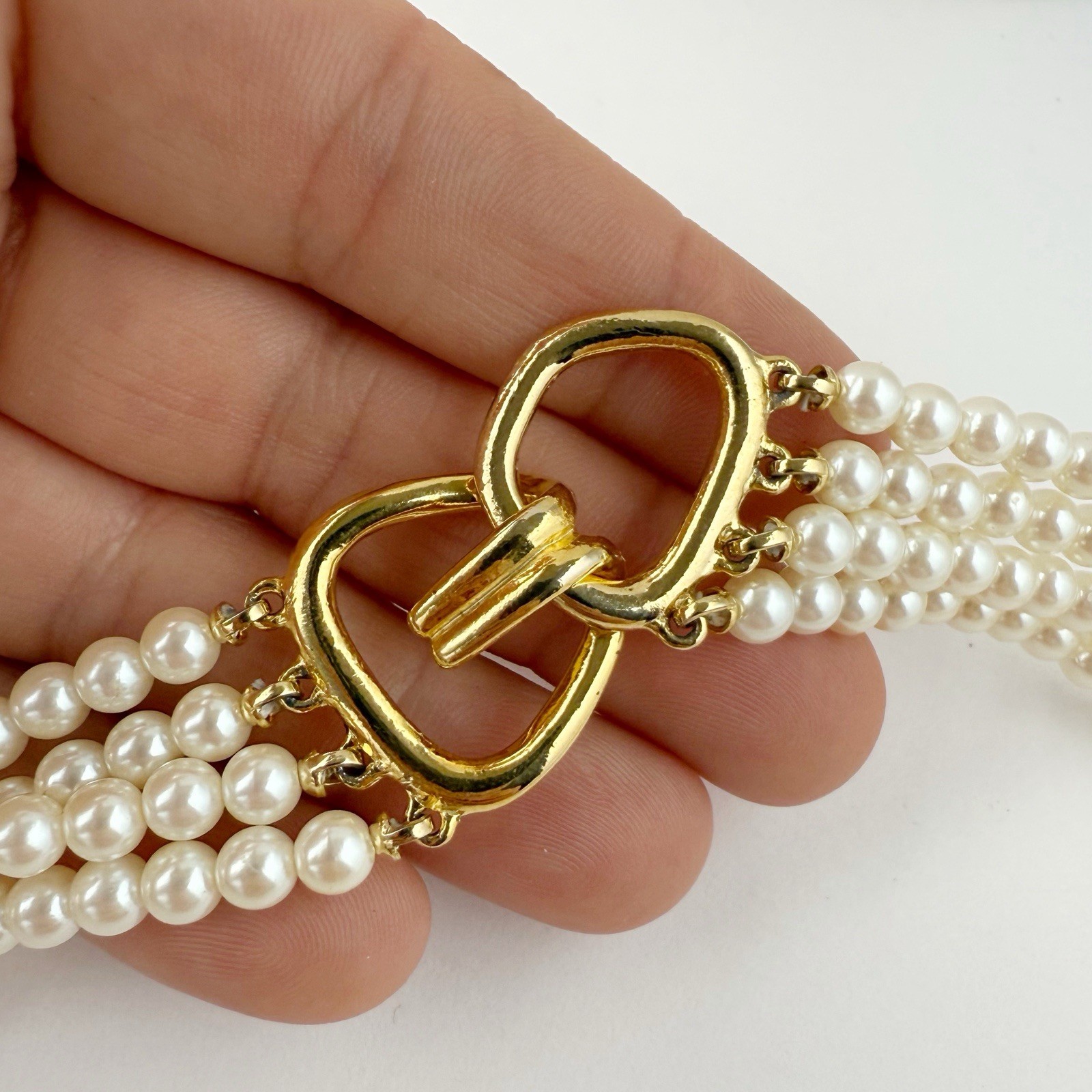 Vintage 4 Strand Faux Pearl Beaded Layered Hook Clasp Necklace