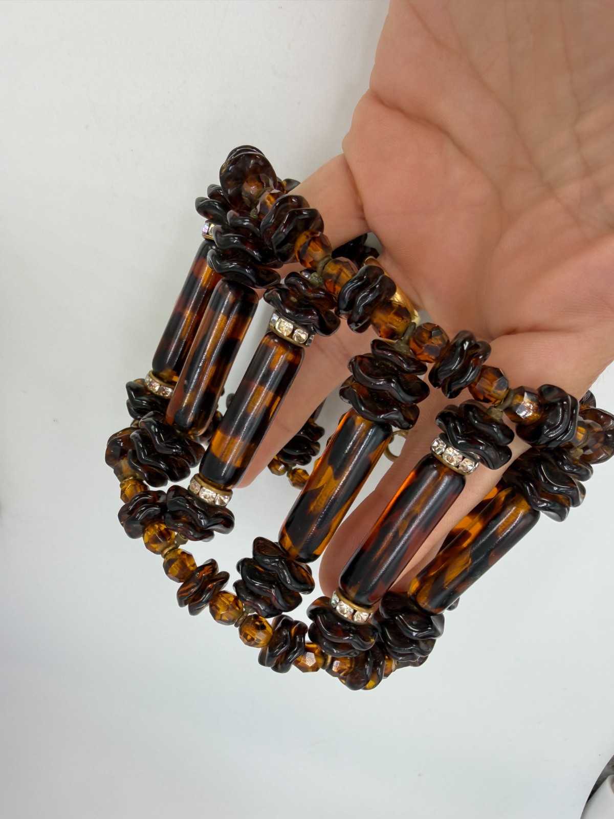 Vintage Bracelet Miriam Haskell Tigers Stripe Glass Brown Cuff Expanding PJ