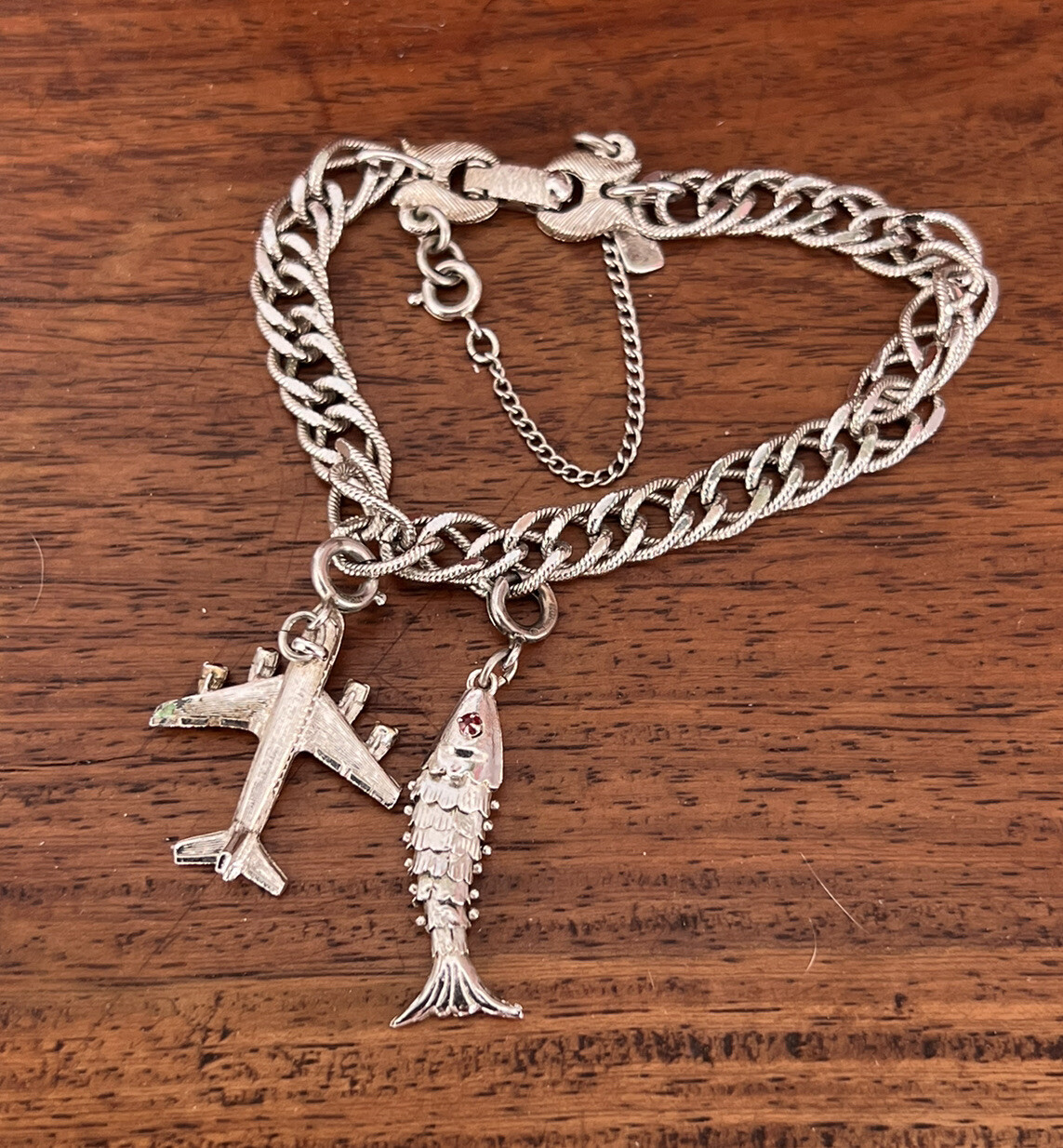 Vintage Silvertone Monet Starter Charm Bracelet Two Charms Airplane Fish 7″