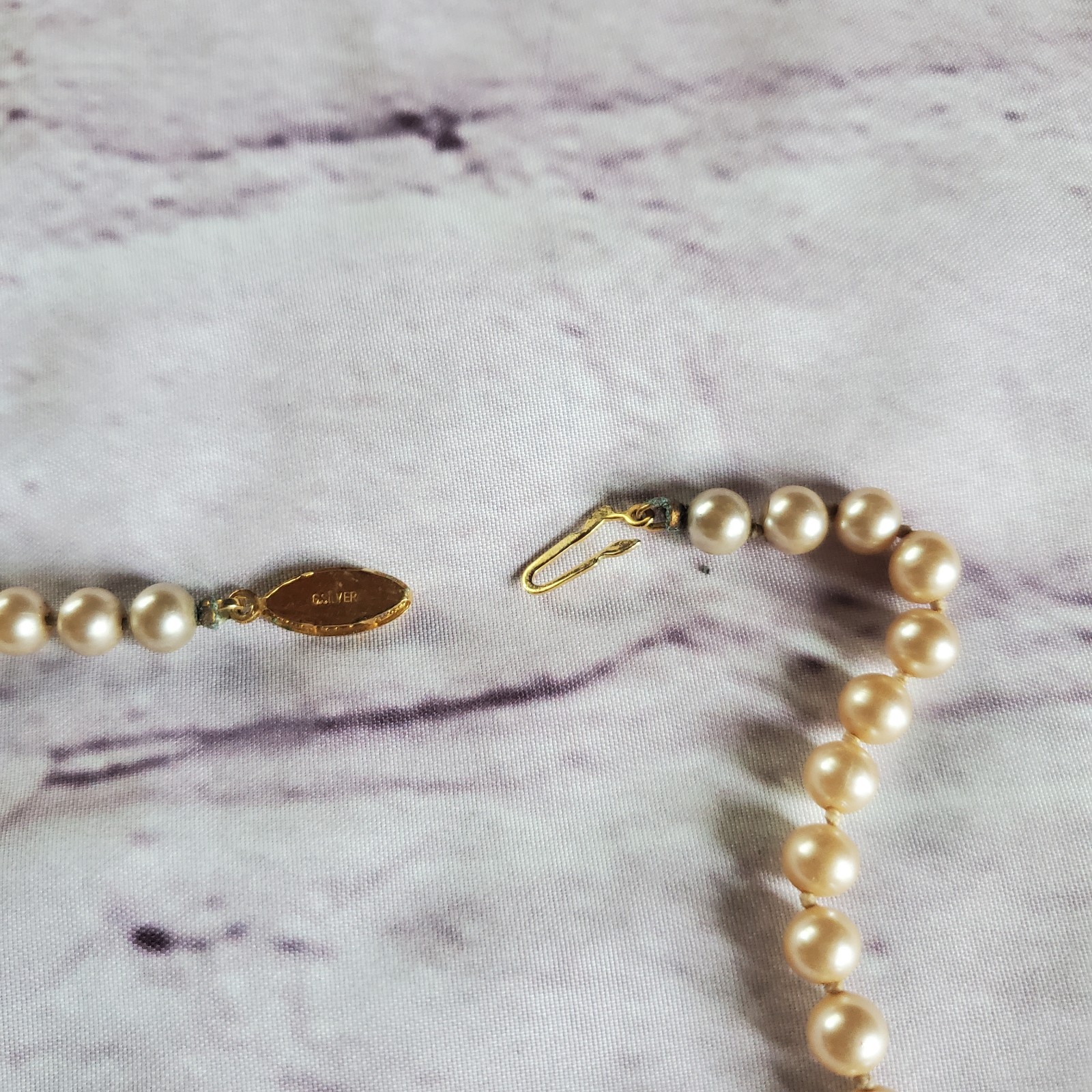 Vintage glass pearl necklace with sterling vermeil filigree clasp and hand knot