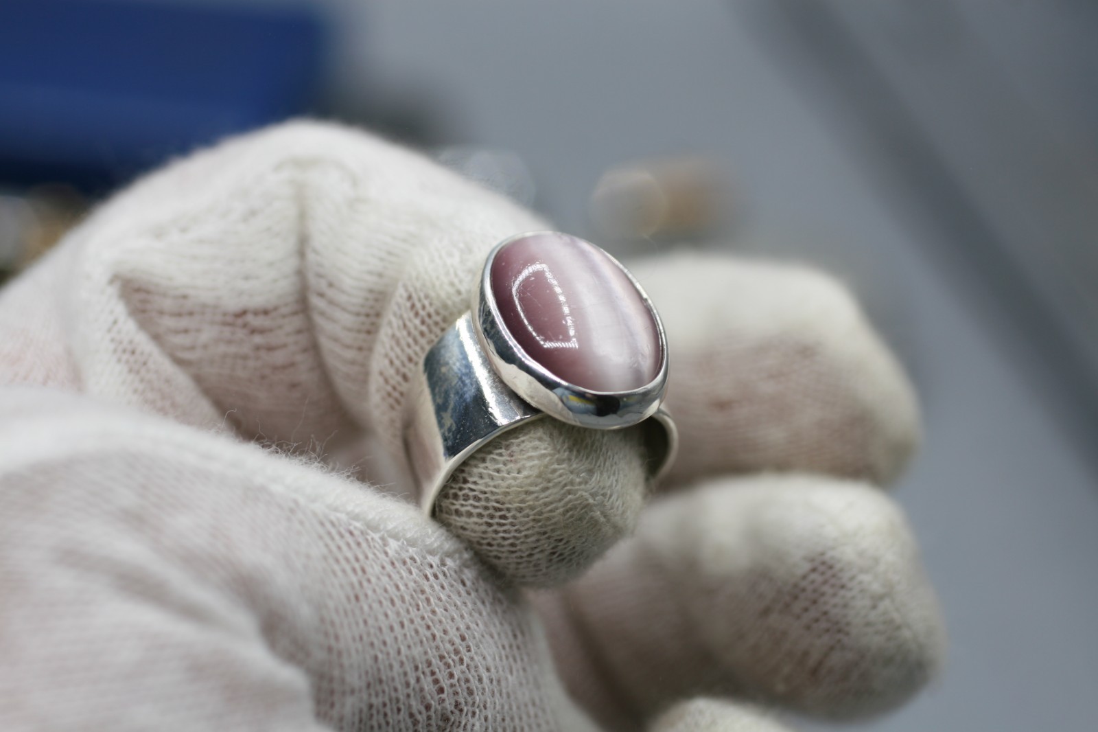 Vintage ATI Mexico Sterling Silver Pink Cat’s Eye Ring 8.5