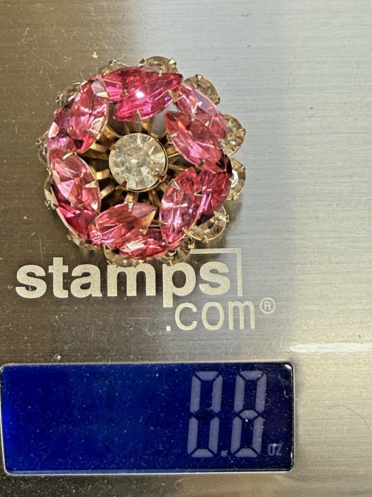 Vintage Pink Navette Rhinestone Domed Brooch Mid Century Gold Tone