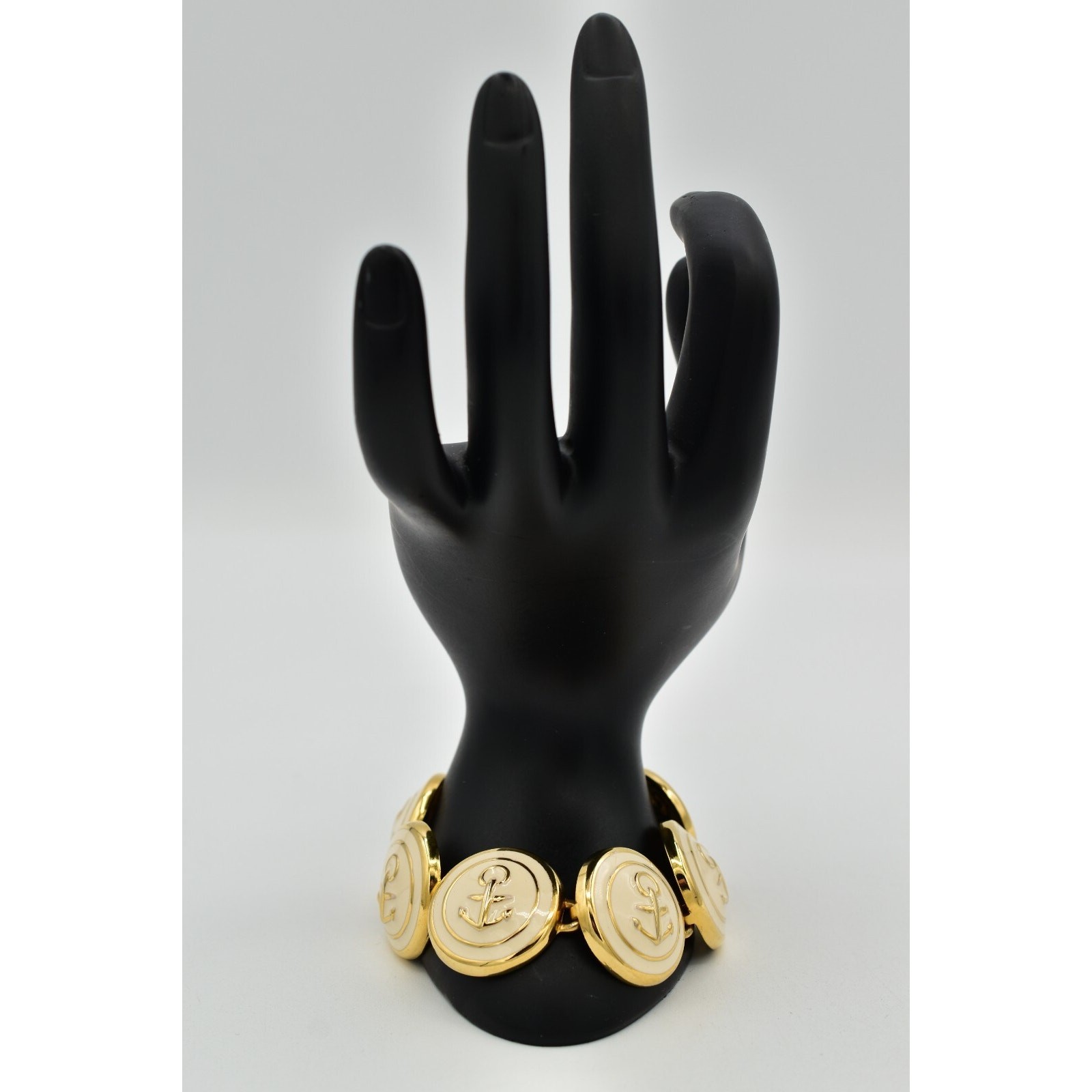 Vintage Anchor Linked Bracelet Chunky Off White Nautical Gold Tone 1990s BinAW